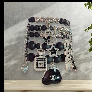 Elegant Black and Silver Charm Bracelet Set